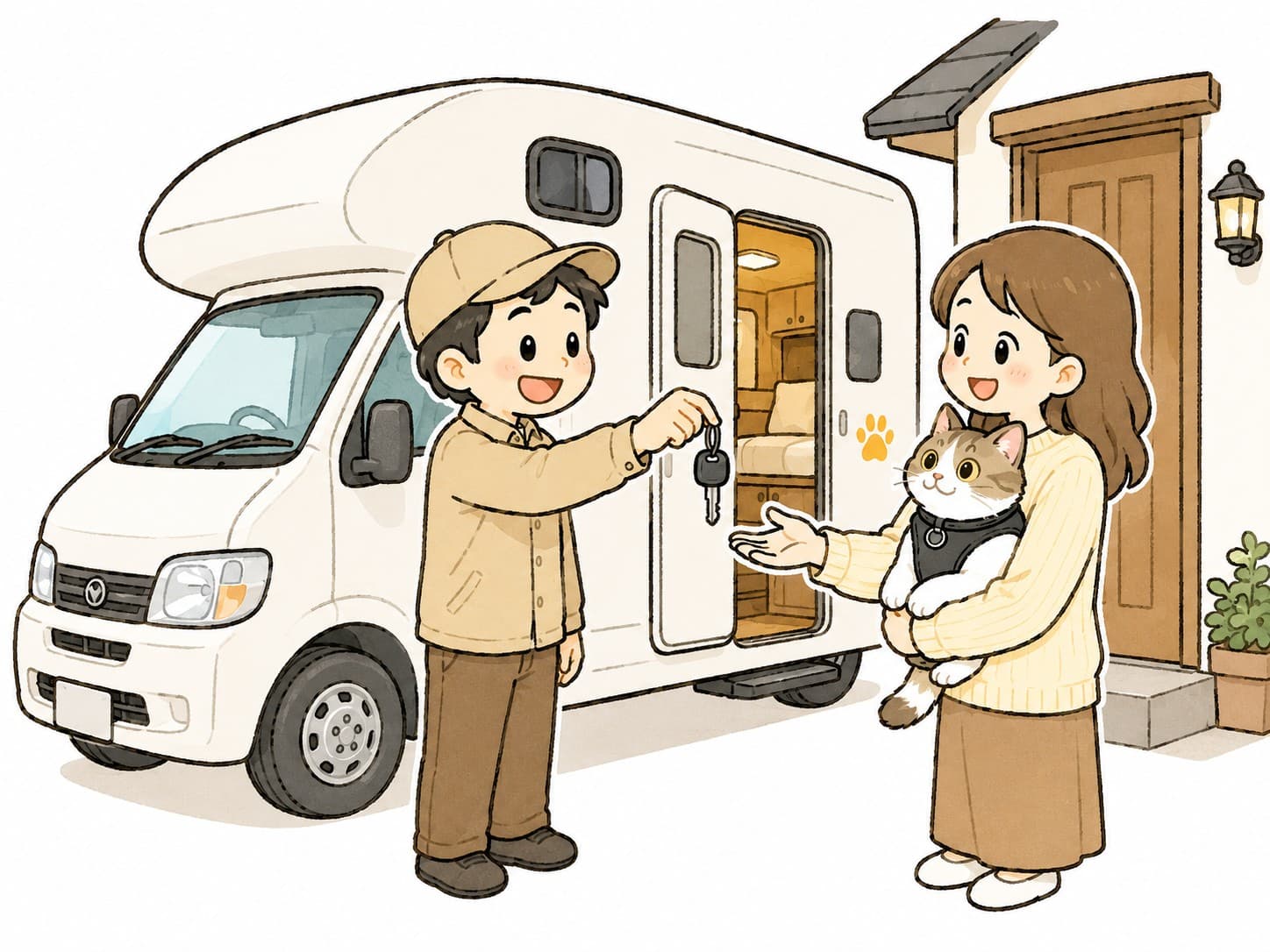 ご自宅の前でスタッフが車の鍵をお渡しするイラスト。猫を抱えたお客様とキャンピングカー